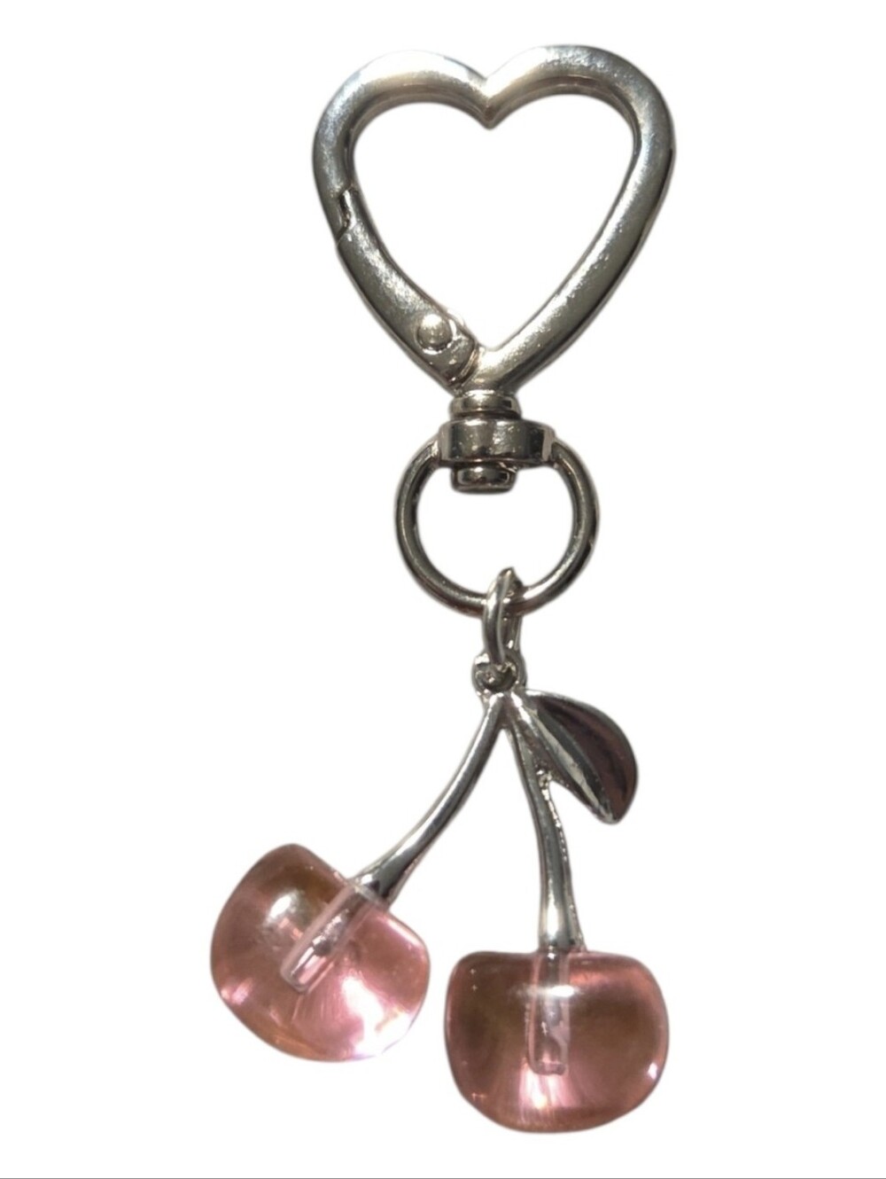 Y2K Pink Acrylic Cherry Bag Charm Heart Clasp Silver Keychain, NEW
